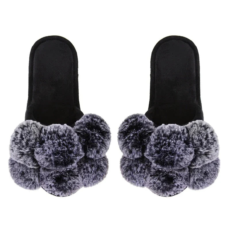 Pom Pom Slippers - Black