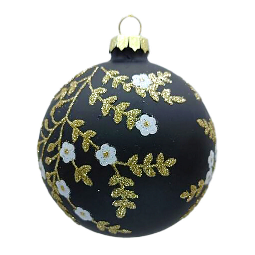 Matte Black with Gold Flowers Glass Ball Ornament | Putti Christmas Decorations