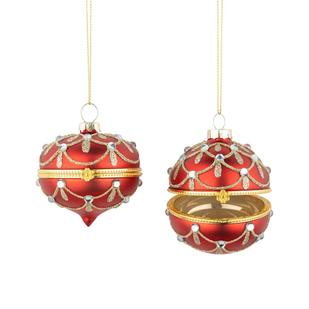 Matte Red and Pale Gold Jewelled Glass Trinket Box Ornaments | Putti Christmas Decorations