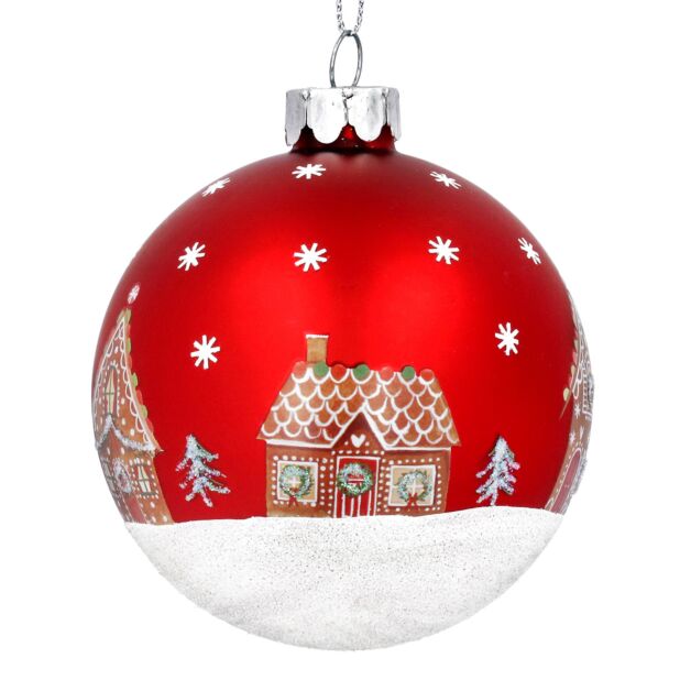 Matte Red with Gingerbread house Glass Ornament | Putti Christmas Decorations