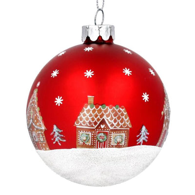 Matte Red with Gingerbread house Glass Ornament | Putti Christmas Decorations