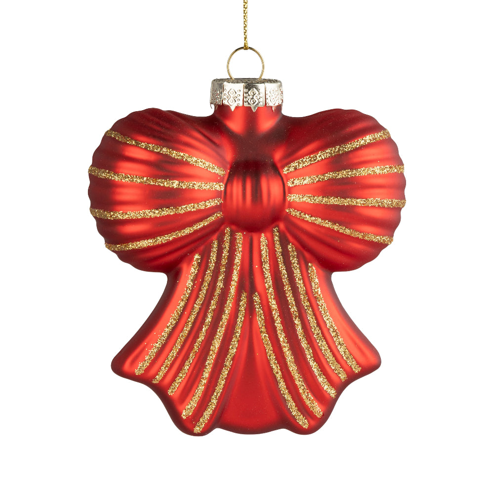 Matte Red with Gold Glitter Christmas Bow Glass Ornament | Putti Christmas