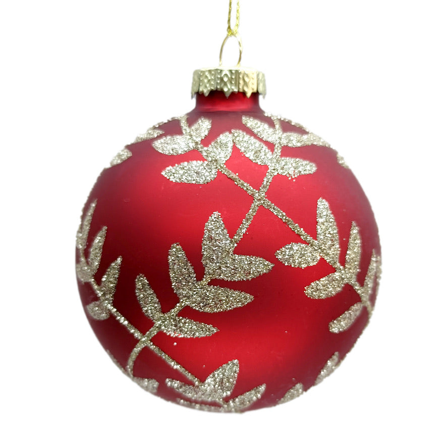 Matte Red with Gold Leaves Glass Ball Ornament  | Putti Christmas Decorations