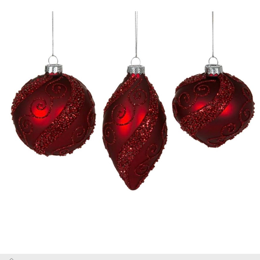 Matte Red with Spiral Glitter Glass Ornament | Putti Christmas Canada