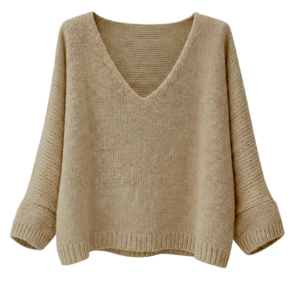 Mohair Blend V-Neck Sweater - Beige | Putti Fine Fashions