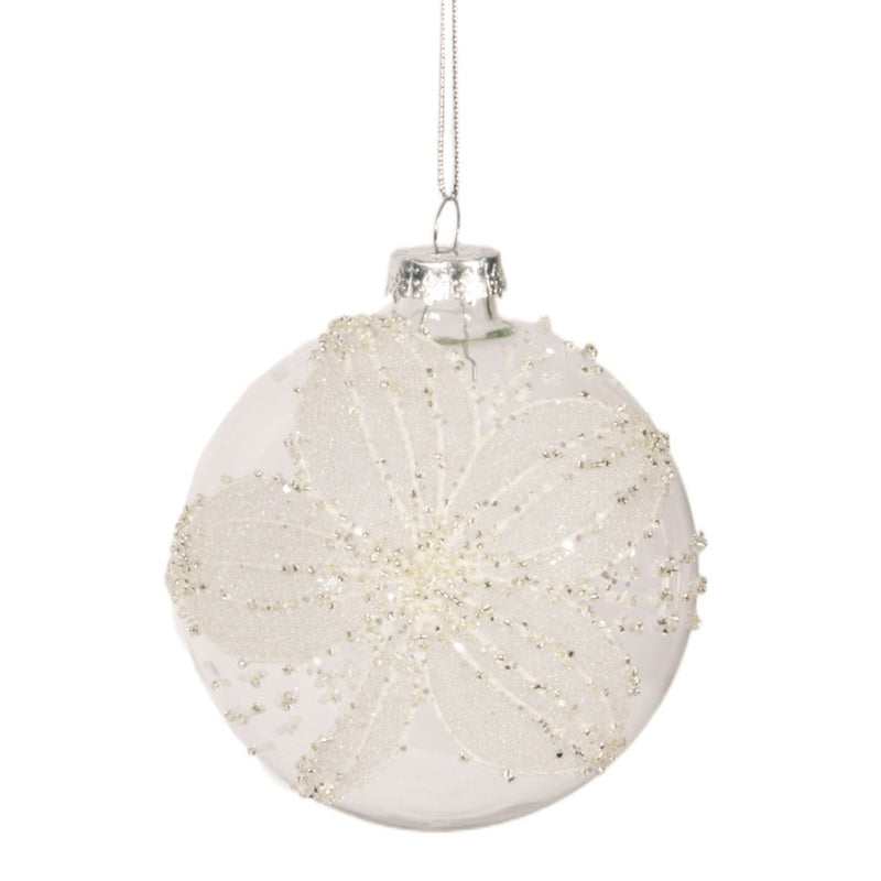 Clear With White Flower Glass Ball Ornament | Putti Christmas