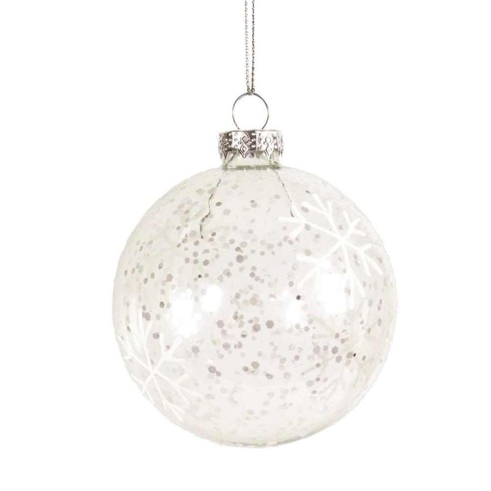 Clear with Silver Glitter and Snowflakes Glass Ball Ornament | Putti Christmas