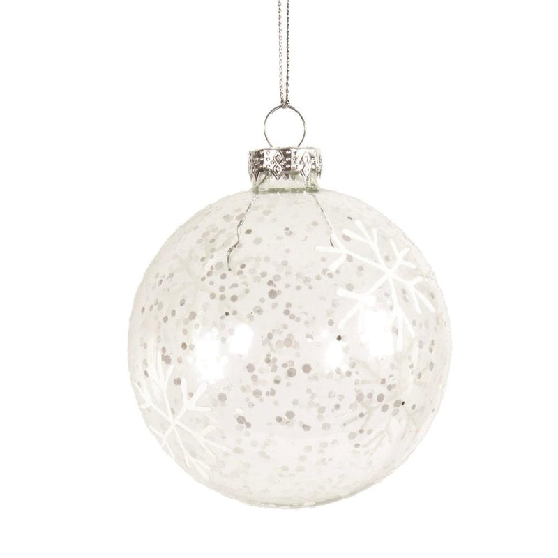Clear with Silver Glitter and Snowflakes Glass Ball Ornament | Putti Christmas