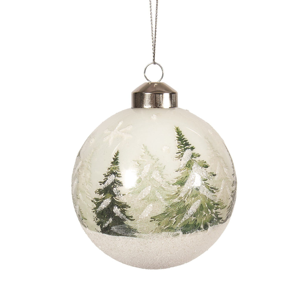Glossy White Ball Ornament with Green Trees | Putti Christmas