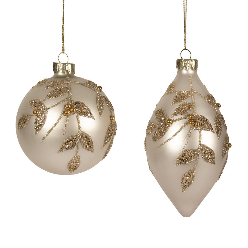 Matte White Ornament with Gold Leaves - Double Point | Putti Christmas