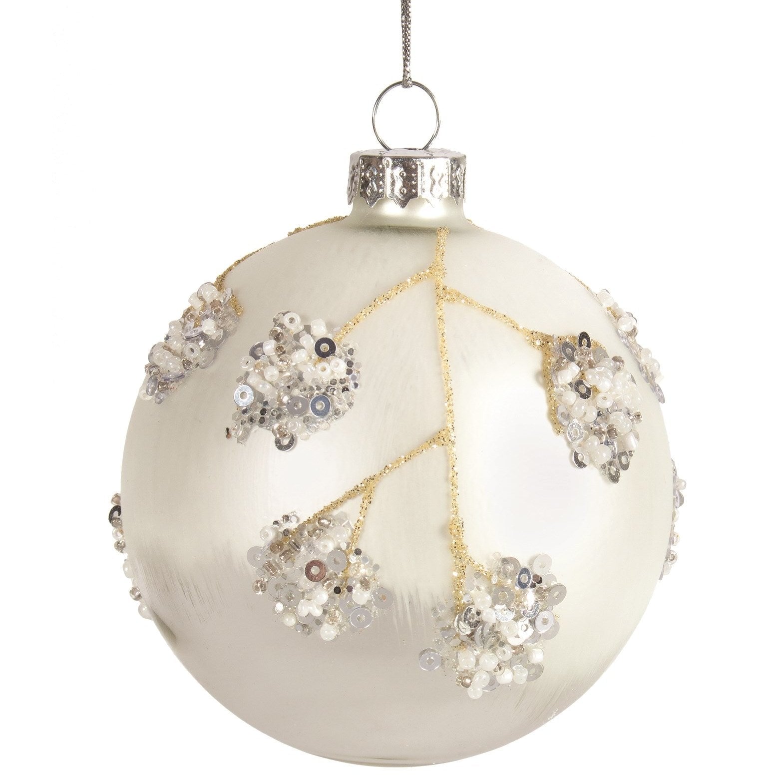 White with Silver Glitter Flowers Glass Ball Ornament  | Putti Christmas