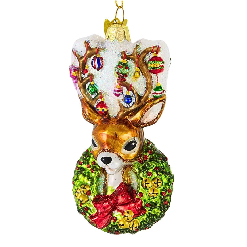 Noble Gems Deer with Wreath Glass Ornament | Putti Christmas Canada