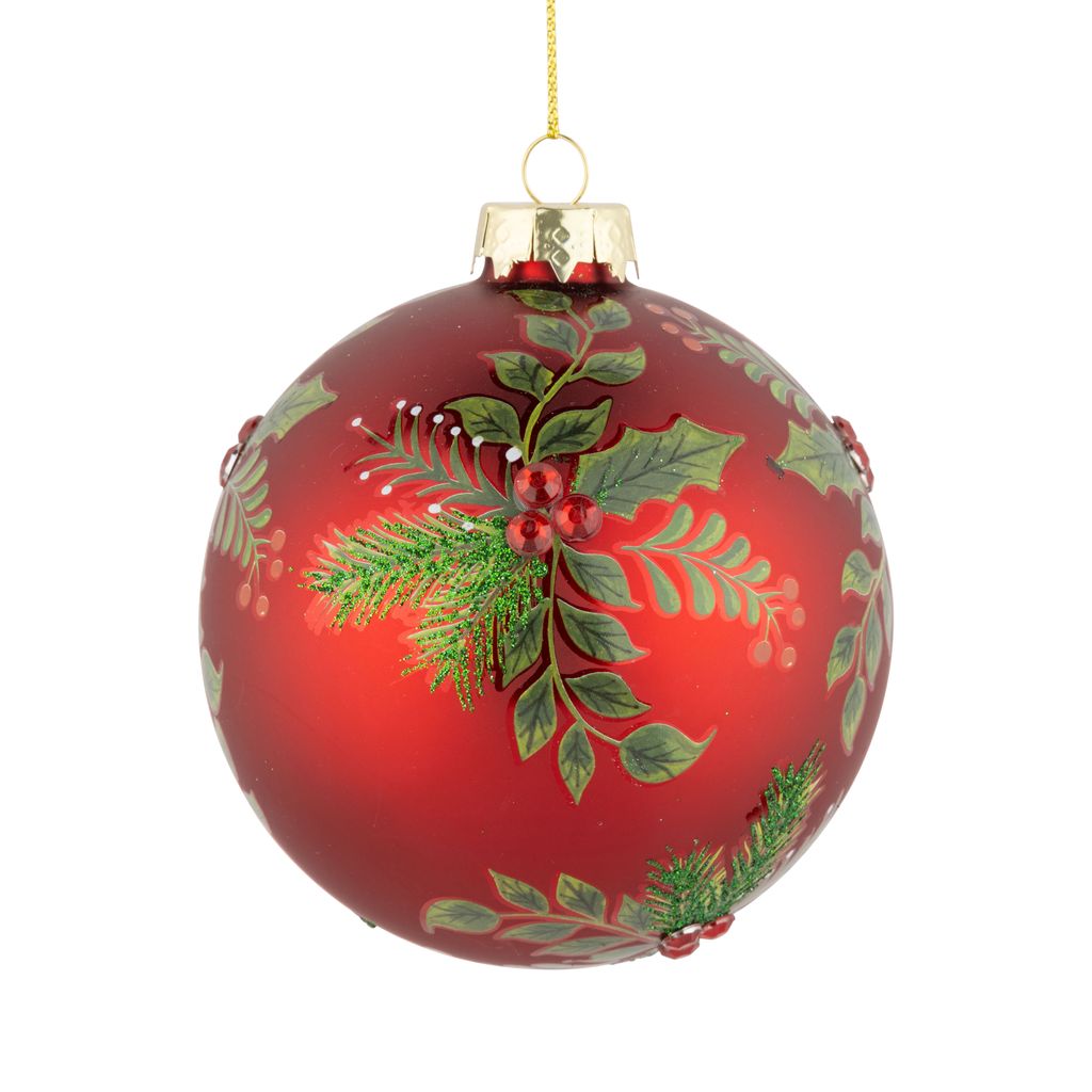 Matte Red with Green Branch Pattern and Red Diamantes Glass Ball Ornament