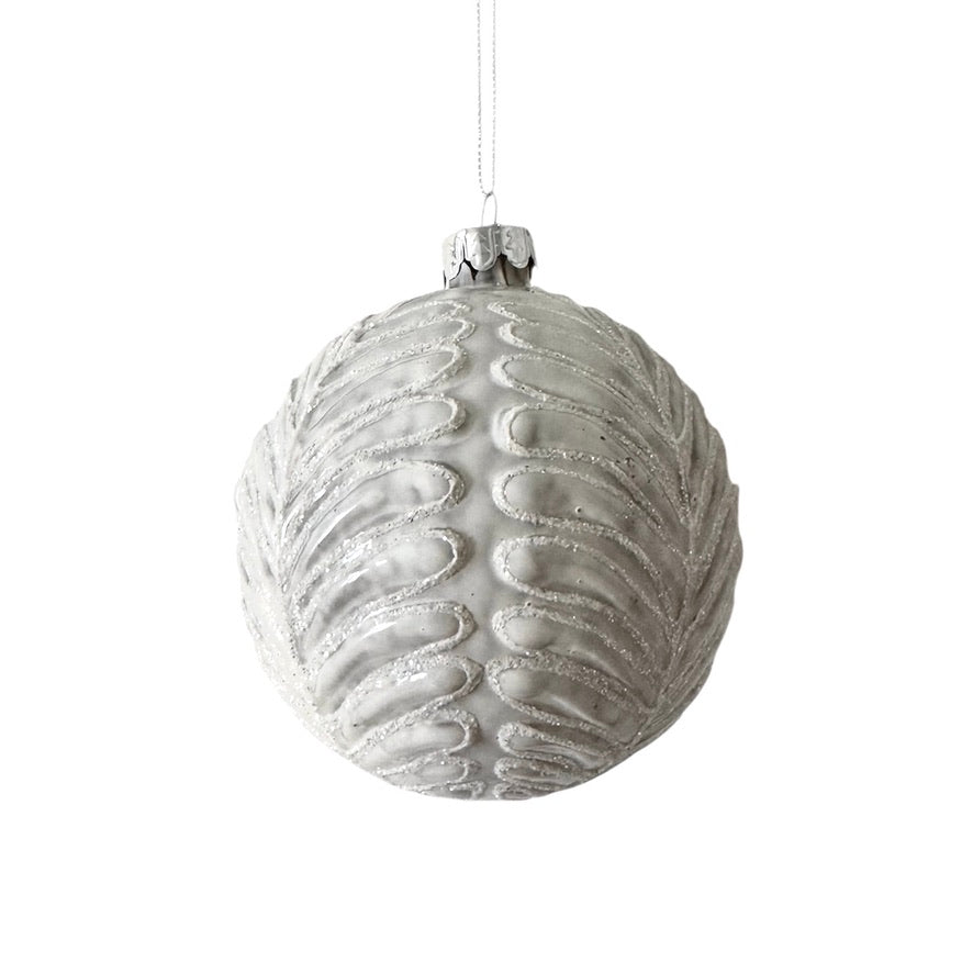 Off White Embossed Leaf Glass Ball Ornament | Putti Christmas
