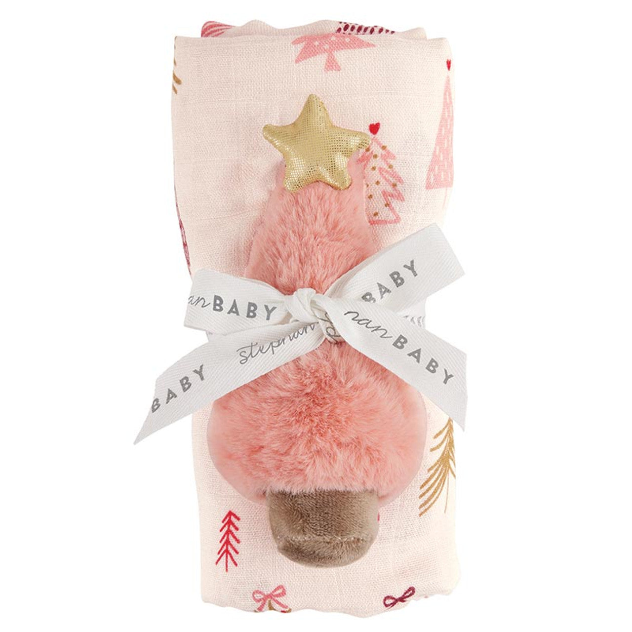 Swaddle with Plush Rattle - Pink Tree | Le Petite Putti