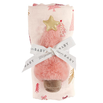 Swaddle with Plush Rattle - Pink Tree | Le Petite Putti