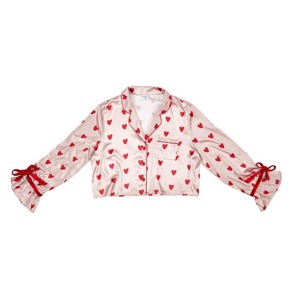 Pink with Red Hearts Cropped PJ Set with Velvet Ties  | Putti Fine Fashions