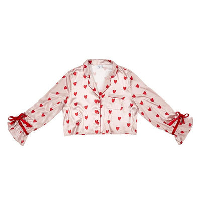 Pink with Red Hearts Cropped PJ Set with Velvet Ties  | Putti Fine Fashions