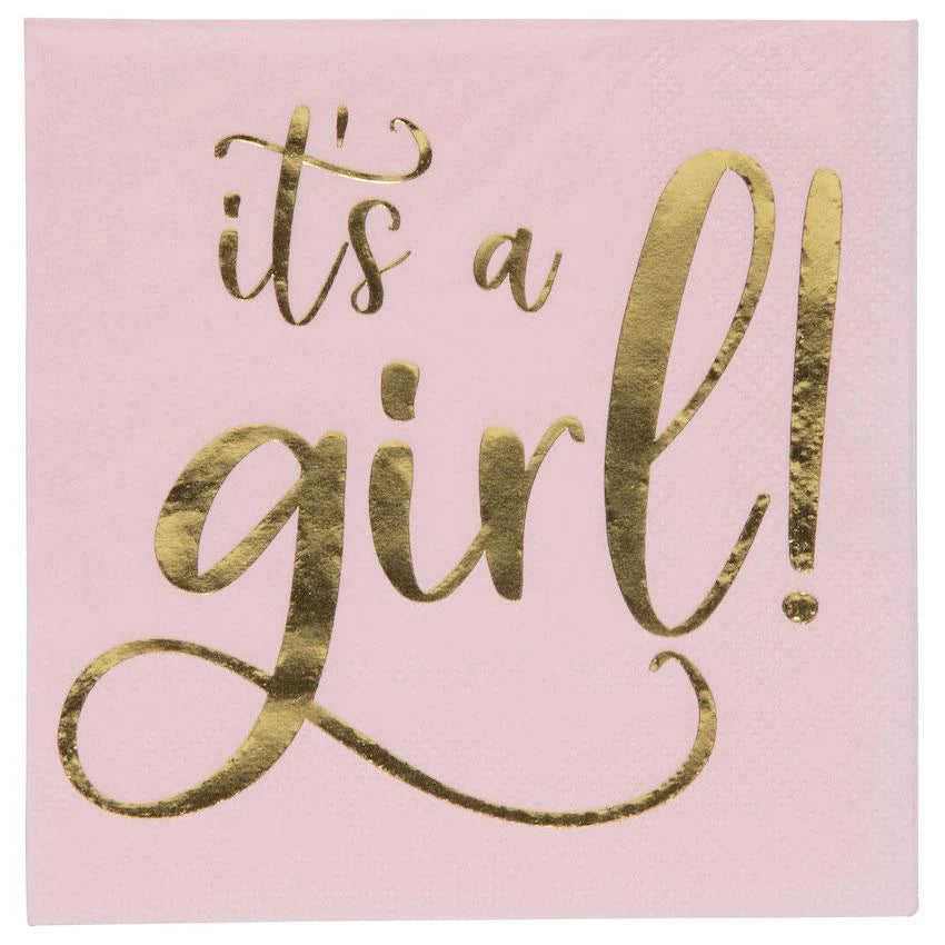 "It's a Girl" Gold Foil Pink Cocktail Napkins | Putti Celebrations