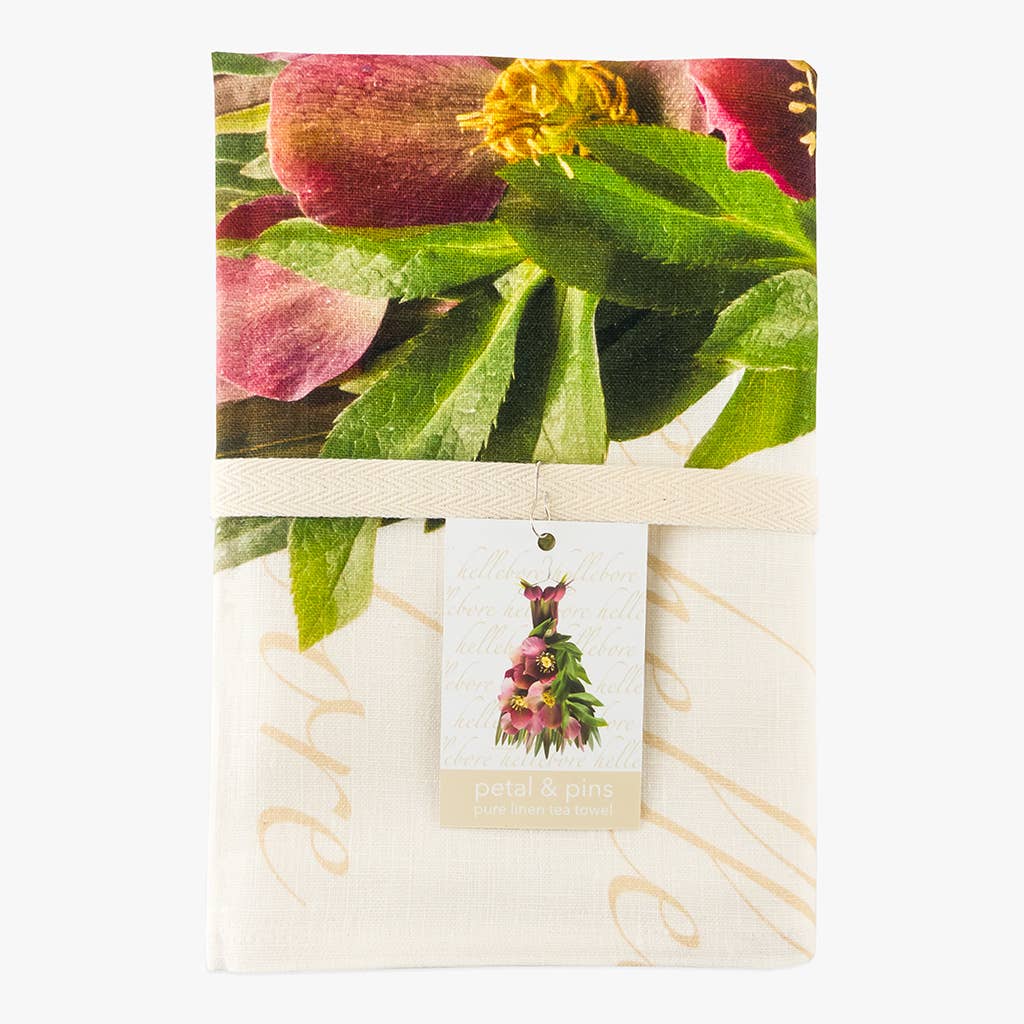 Petal & Pins Linen Tea Towel Crimson Hellebore Design | Putti