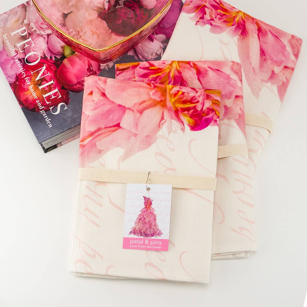 Petal & Pins Linen Tea Towel Pink Peony Design | Putti Fine Furnishings