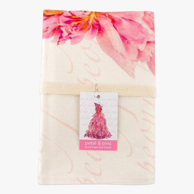 Petal & Pins Linen Tea Towel Pink Peony Design | Putti Fine Furnishings