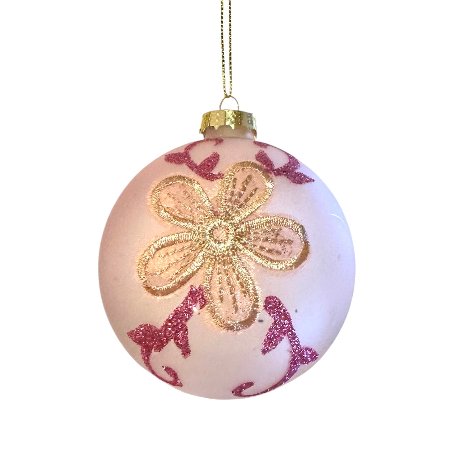 Frosted Pink with Floral Embroidery Glass Ball Ornament