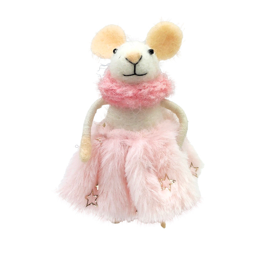 "Pink Fur Farah" Felt Mouse Ornament  | Putti Decorations