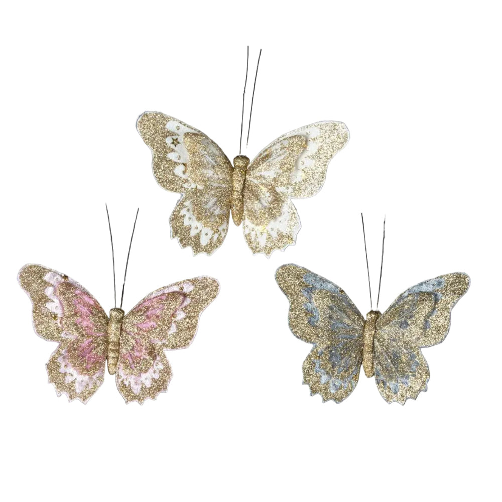 Pink White Grey Butterfly Clip with Glitter | Putti Christmas Decorations