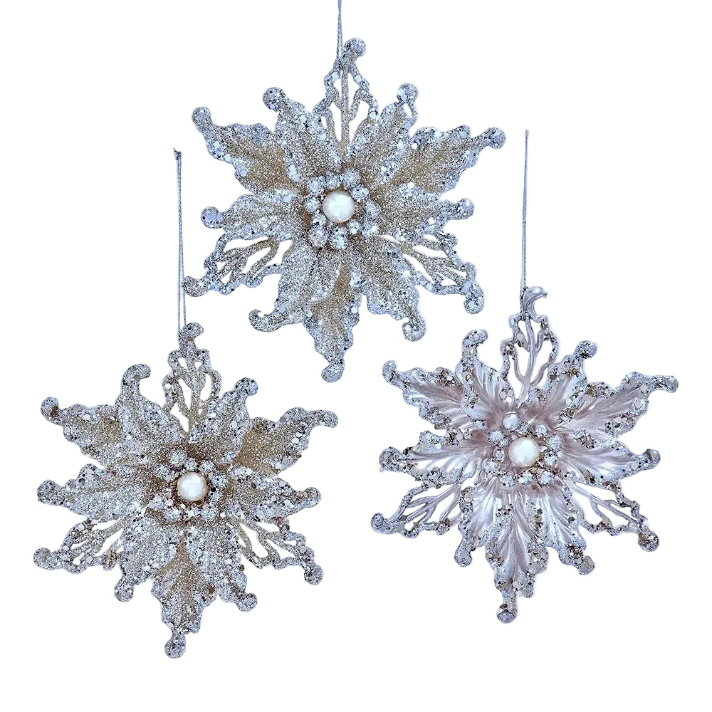 Platinum Pearl & Gem Poinsettia Ornament | Putti Christmas Decorations