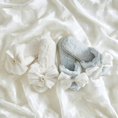 Plush Slippers - White Bow