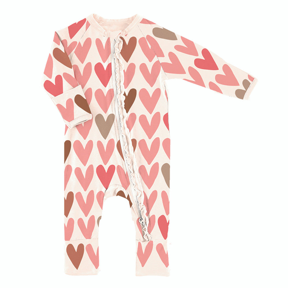 Cozy Romper with Ruffles - Hearts  | Le Petite Putti