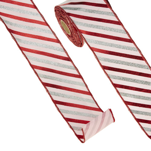 Pink and Red with Silver Glitter Stripe Wired Ribbon