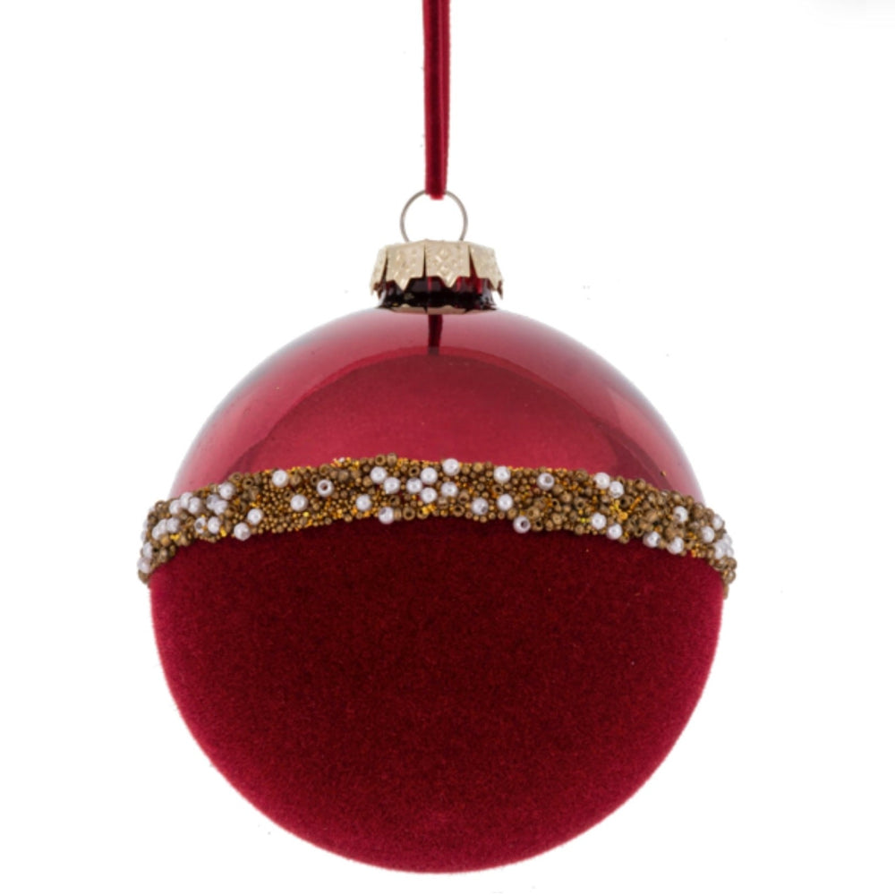 Red Flocked with Gold Beads and Pearls Glass Ball Ornament | Putti Christmas