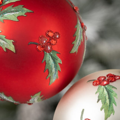Red Holly Jeweled Glass Ball Ornament | Putti Christmas Decorations