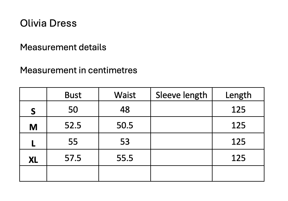 Rosehip Design Size Chart  | Putti Fine Fashions