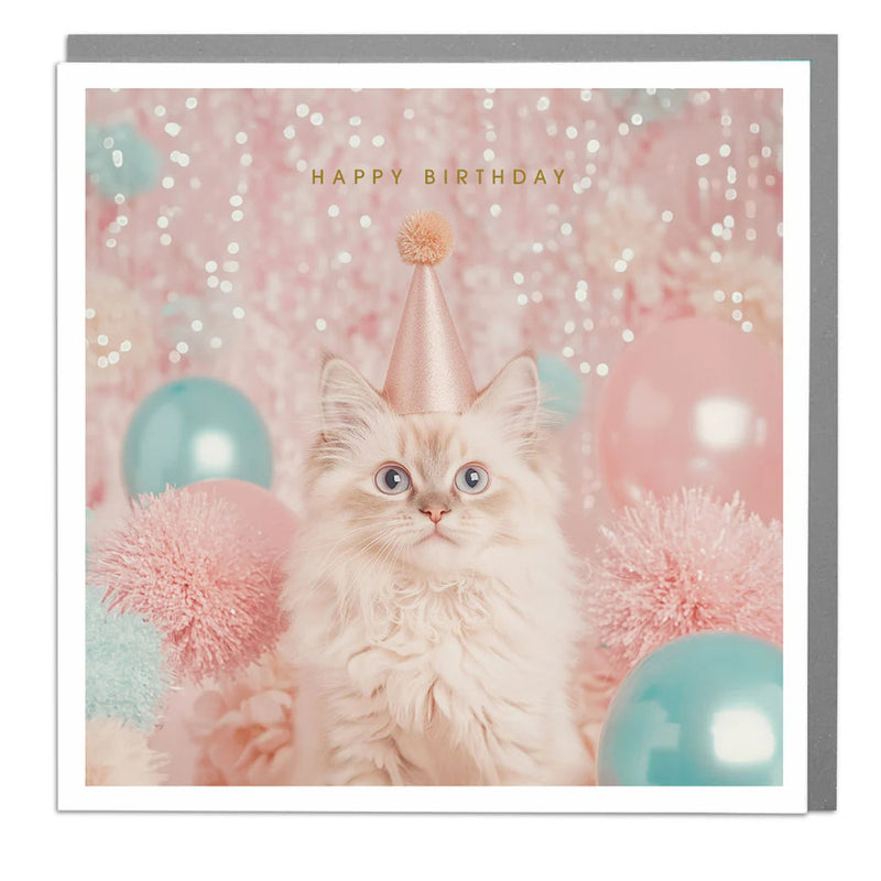 Lola Design Cat with Party Hat "Happy Birthday" Greeting Card | Putti Fine Furnishings