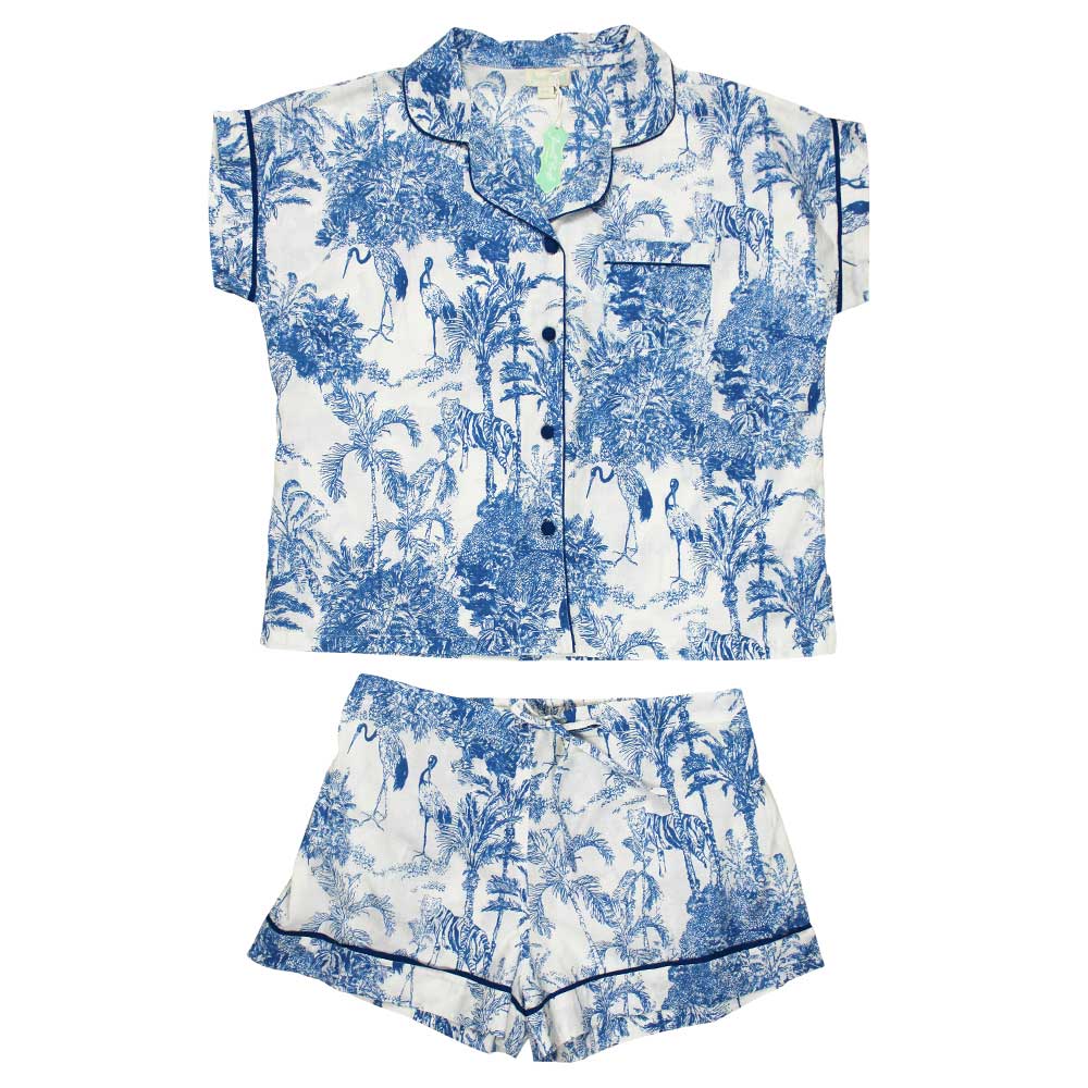 Blue Safari Toile Print Ladies Short Pyjamas | Putti Fine Fashions Canada