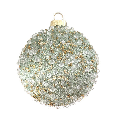 Sage Green with Clear Beads Glass Ornament | Putti Christmas Decorations