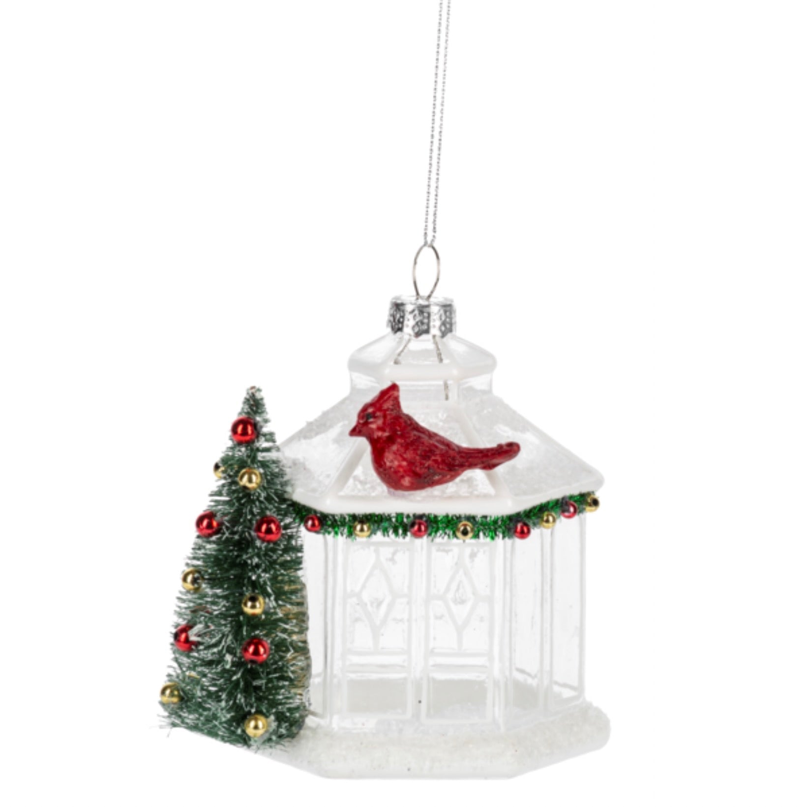 White Gazebo with Cardinal Glass Ornament