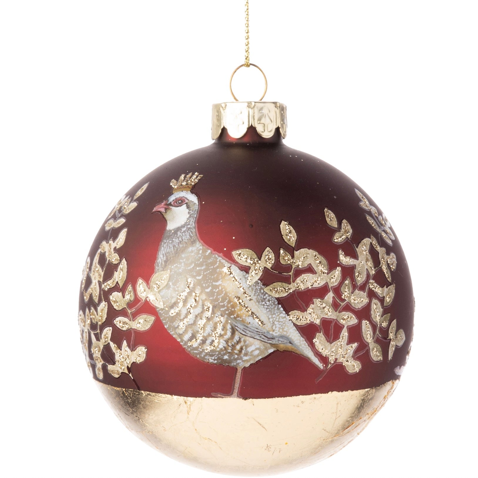 Partridge on Burgundy Glass Ball Ornament