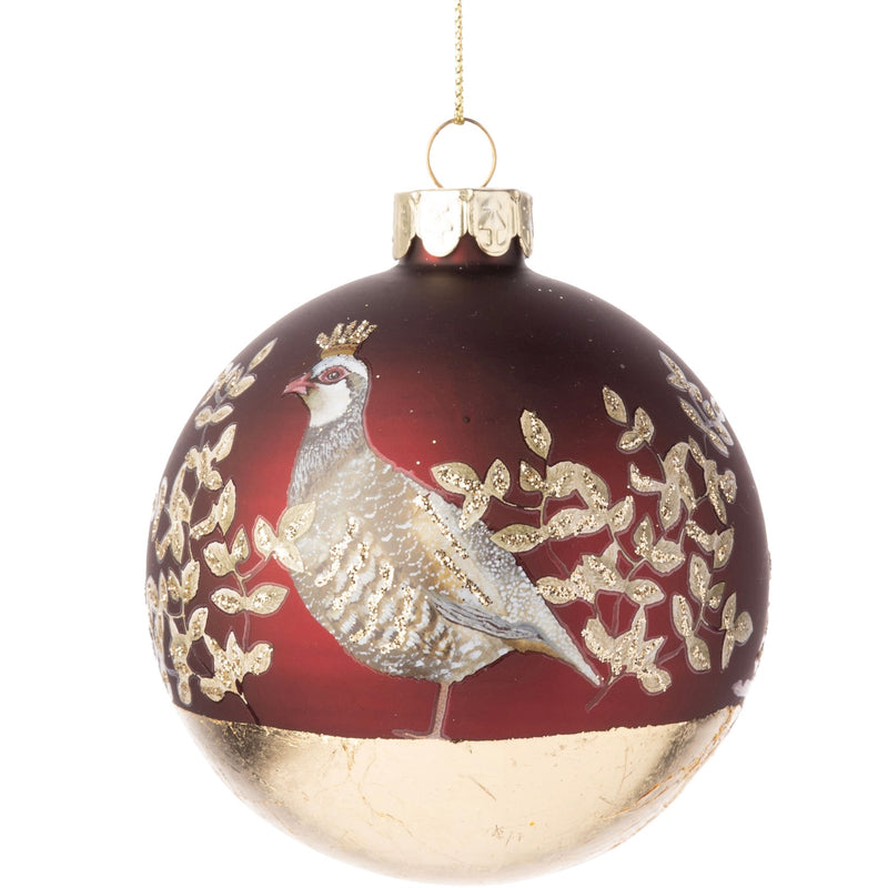 Partridge on Burgundy Glass Ball Ornament