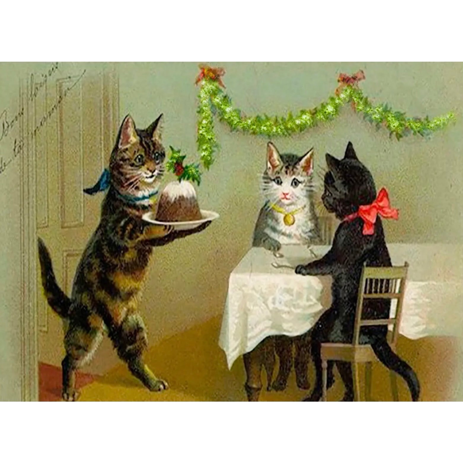 Cats with Christmas Pudding Little Vintage Greeting Card