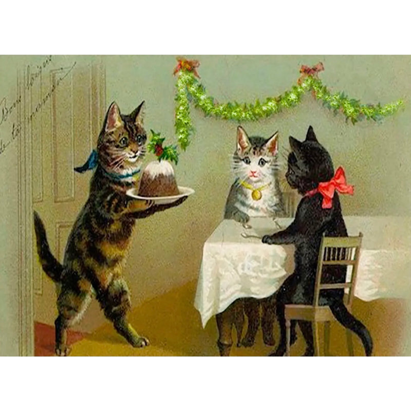 Cats with Christmas Pudding Little Vintage Greeting Card