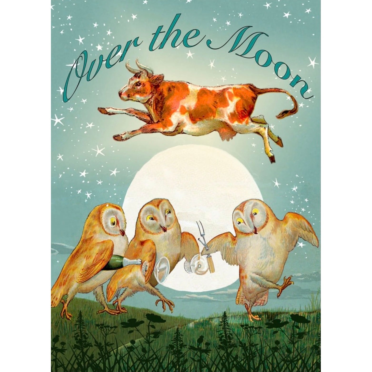 "Over the Moon" Cow & Owl Greeting Card | Putti