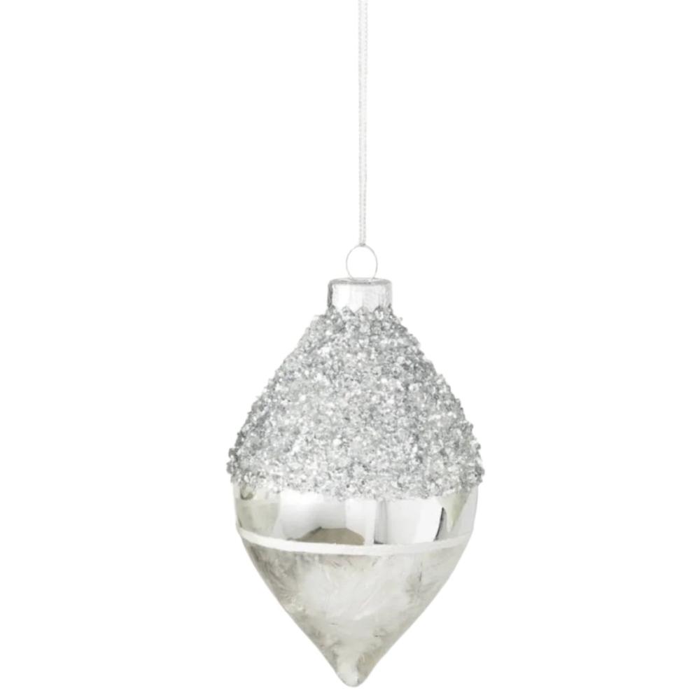 Silver Glitter and White Frosted Ball Ornament - Double Point