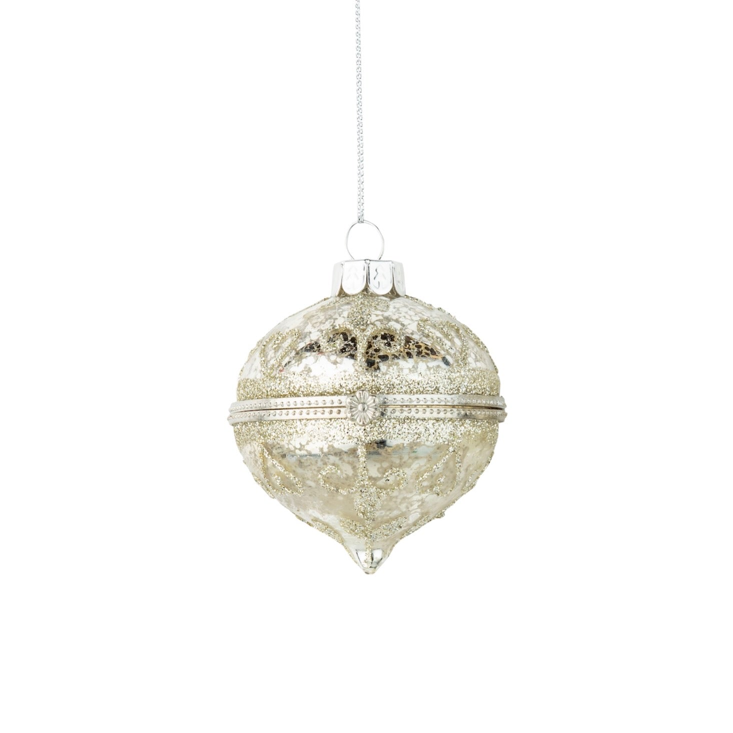 Mottled Silver with Glitter Glass Trinket Box Ornament - Onion