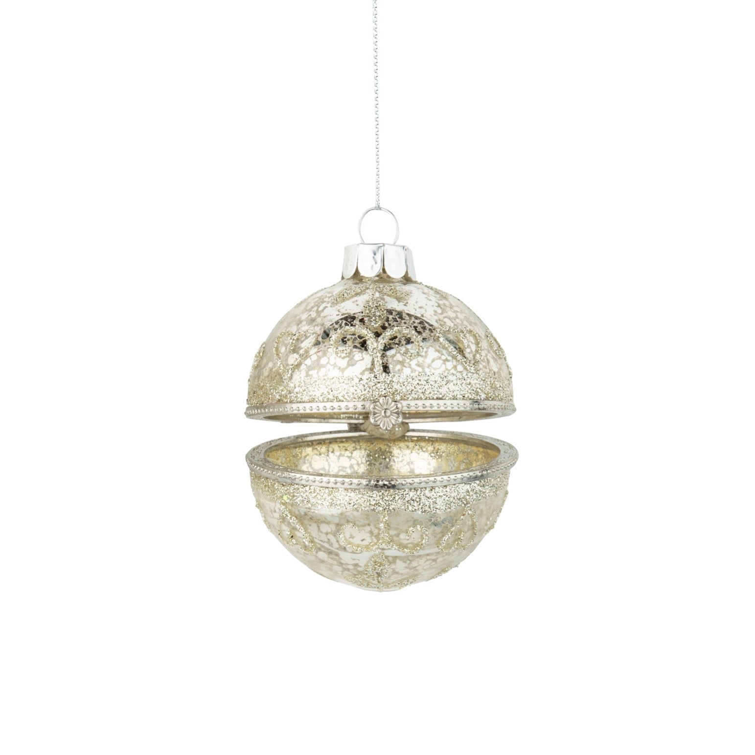 Mottled Silver with Glitter Glass Trinket Box Ornament - Ball