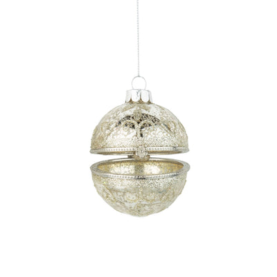 Mottled Silver with Glitter Glass Trinket Box Ornament - Ball