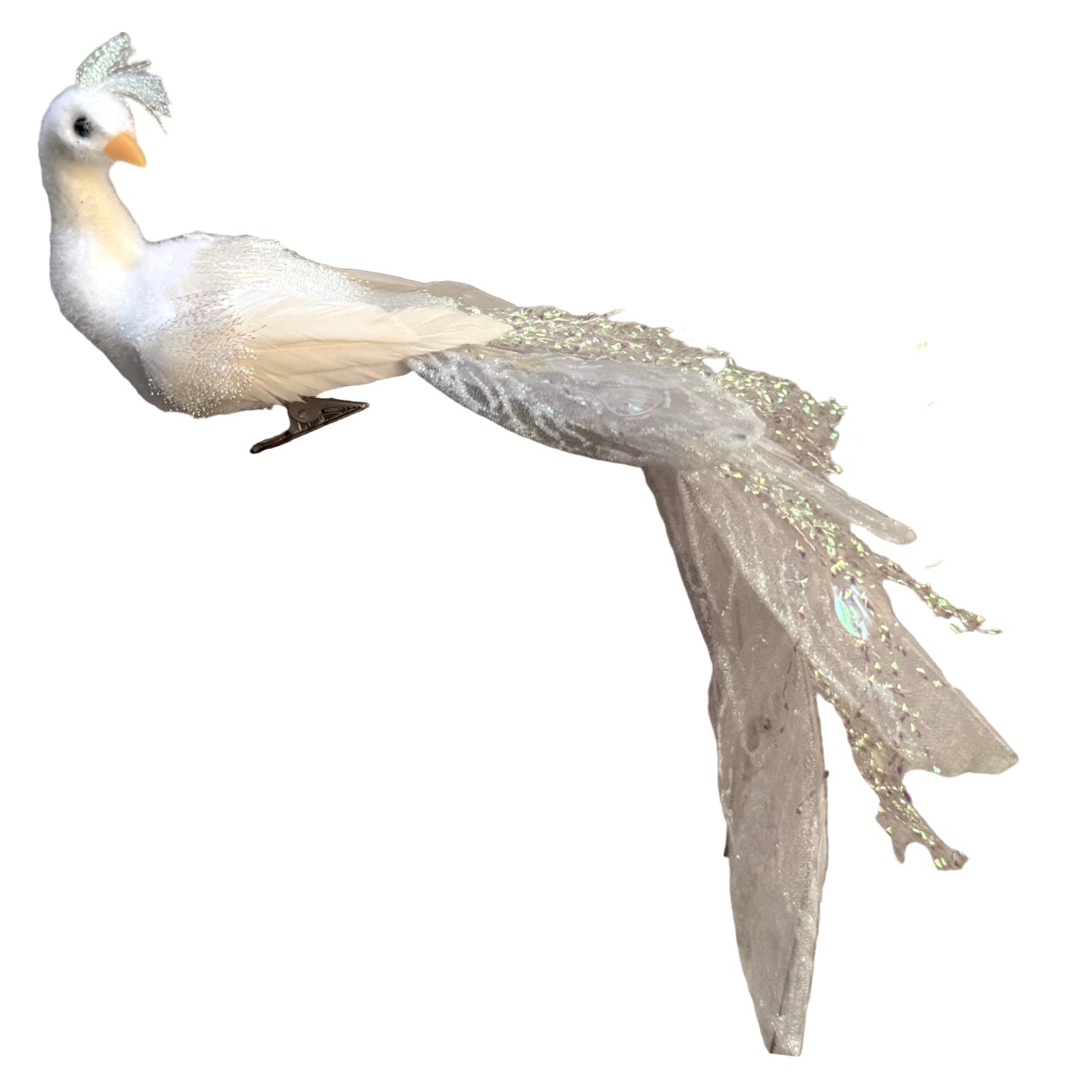 Iridescent White Peacock with Clip Ornament